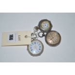 Three silver cased open faced fob watches, one with silvered rim and dial and one with enamel case.