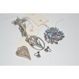 White metal brooches; earrings; pendants; etc.