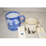 A blue and white Maling North East Coast Exhibition mug; together with a Goss mug 'Poor Mince Pie'.