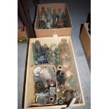 Two boxes of old bottles; and pottery jars.
