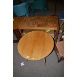 A tiled top table; a teak square occasional table; and a walnut top circular occasional table.