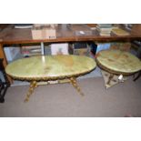 Two onyx top occasional tables on metal bases.