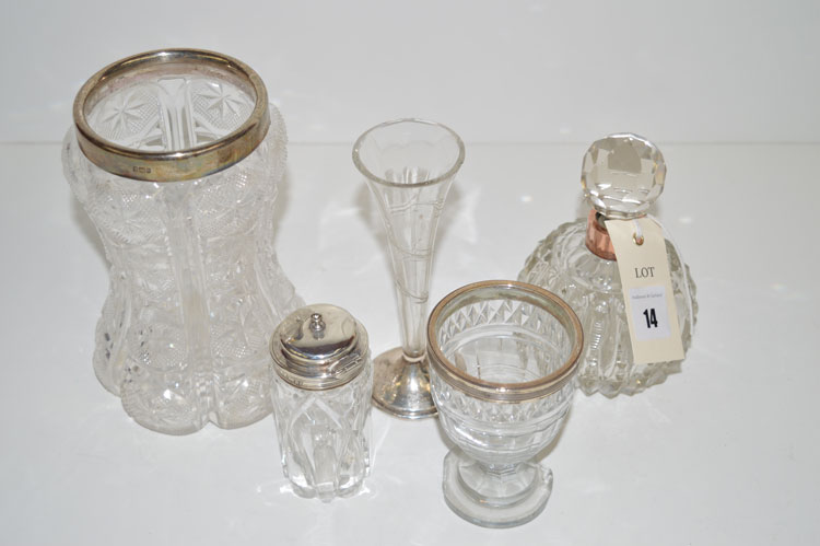 A cut glass baluster vase; a cut glass scent bottle;