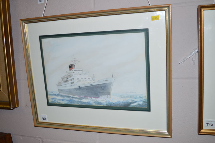 A watercolour-"Windsor Castle", portrait of a liner by M.Hamley, signed.