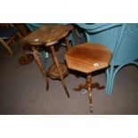 A mahogany octagonal table; together with a carved stained wood two-tier table.