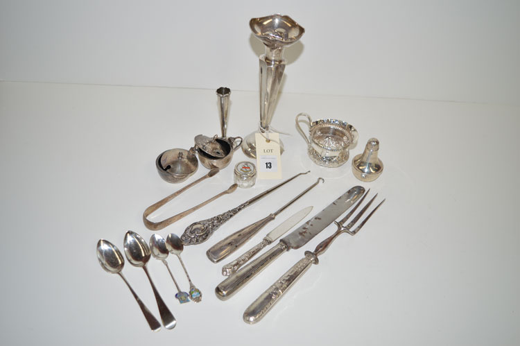 A quantity of silver items, including: a spill vase; carving knife; cream jug; sol fleur vase; etc.