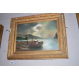 An oil painting - Fishing vessels on a loch, by Laura Farrow, signed with initials and dated 1921.