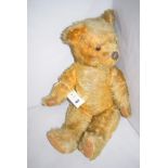 A large teddy bear with plastic eyes, stitched nose and mouth, jointed neck,