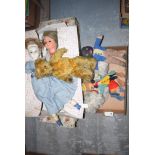 Three vintage dolls, two in original boxes; and a box of soft toys.