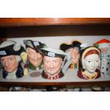 Six Royal Doulton character jugs: 'Santa Claus', 'Catherine of Aragon', 'Town Crier', 'Henry VIII',