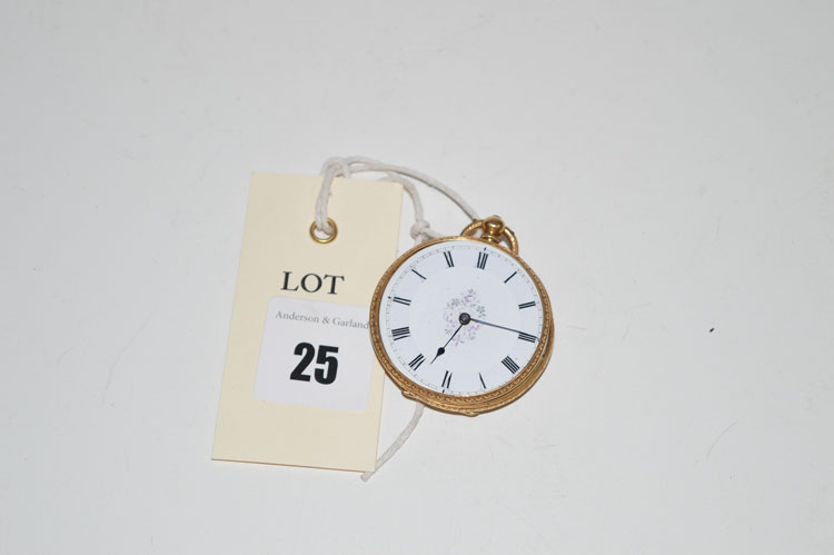 An 18ct. gold cased fob watch with decorative white enamel roman dial.