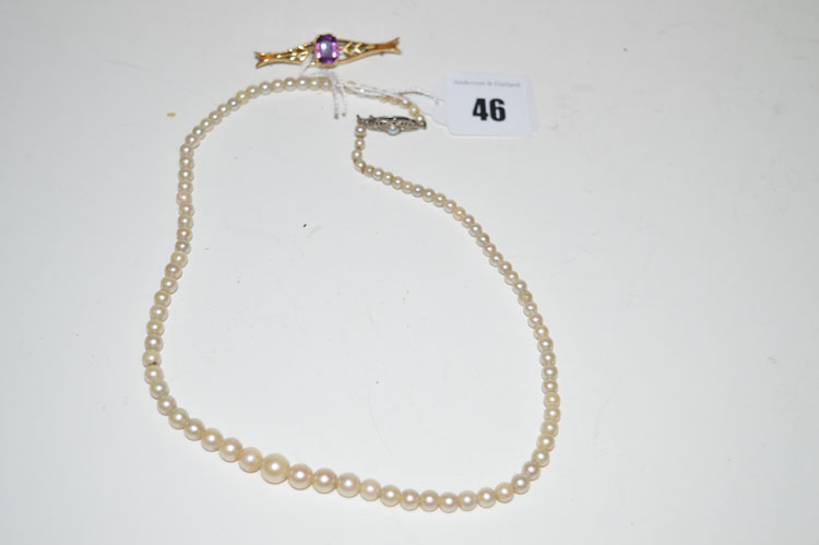 A cultured pearl graduated single row necklace; together with a 9ct.