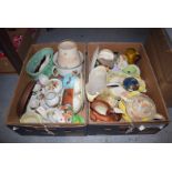 Two boxes of ceramics, including: two Royal Doulton character jugs; a Victorian trinket set; etc.