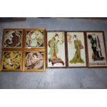 Three modern framed tiled pictures, Oriental subjects; four further ceramic tile pictures in frames,