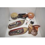 Two pairs of Oriental shoes/slippers; a carved wooden box; three briar pipes; tortoiseshell combs;