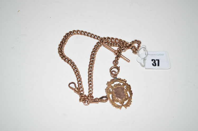 A 9ct. yellow gold Albert chain, with T-bar clasp and fob, 47.6grms.