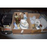 Three boxes of sundry ceramics; glass lamp shades; table lamp; pictures; and a teapot stand.