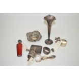 A ruby glass scent bottle with silver mount; a bon-bon dish (damaged); a vase; cigarette case;