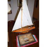 A modern model pond yacht with sails and riggings,