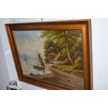 An oil painting - continental lake scene with boats and a cottage, signed with initials J.A.