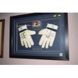 A pair of Adidas footballers goalie gloves, signed on each by Shay Given and mounted and framed.