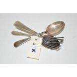 Three silver spoons; and two silver forks, by Reid & Sons, London 1933, all engraved initial 'B'.