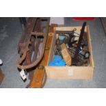 A vintage sledge; together with a box of various tools; etc.
