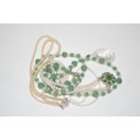 A jade effect green-stone and cultured pearl necklace;