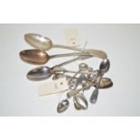 A silver fiddle pattern tablespoon; various silver teaspoons; other plated spoons; etc.