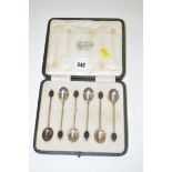 A set of six silver bean finial coffee spoons, in fitted case.