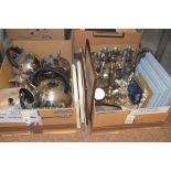 Two boxes of metalware, including: goblets; kettles; candlesticks; and six modern picture frames,