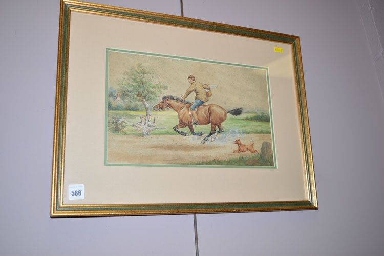 A watercolour by W. Bradt - boy riding a horse at speed with dog in tow.