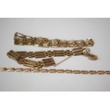 Two 9ct. yellow gold gate link pattern bracelets; together with another link bracelet, 20grms gross.