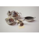 Silver to include: a two handled reeded boat shaped salt; a pepperette;