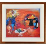 After Ann Oram - "Red still-life with fruit and flowers", signed in pencil, colour photolithograph,