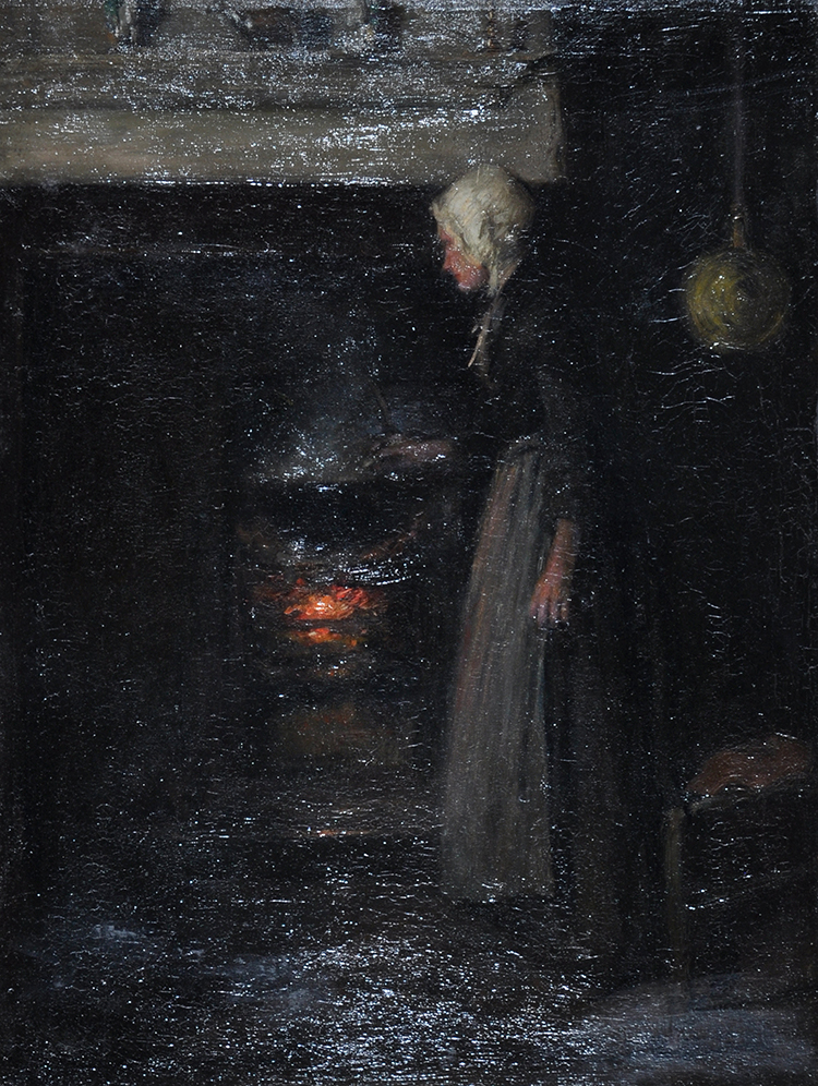 Mark Senior (1864-1927) "A Watched Pot" - cottage interior with a woman cooking at a fireside, - Image 2 of 2