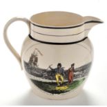 An 18th Century Sunderland creamware jug, decorated in hand-coloured black transfer,