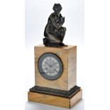 *Blondeau: a 19th Century French bronze and marble mantel clock, circular silvered roman dial,