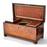 An early 19th Century inlaid mahogany tea caddy, decorated throughout with rosewood crossbanding,