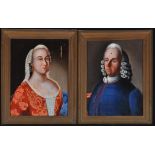 *British School Bust portraits of a gentleman in 18th Century male and female attire,