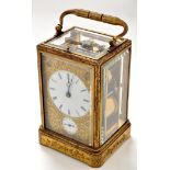 Drocourt: a late 19th Century engraved gilt brass striking and repeating alarm carriage clock,