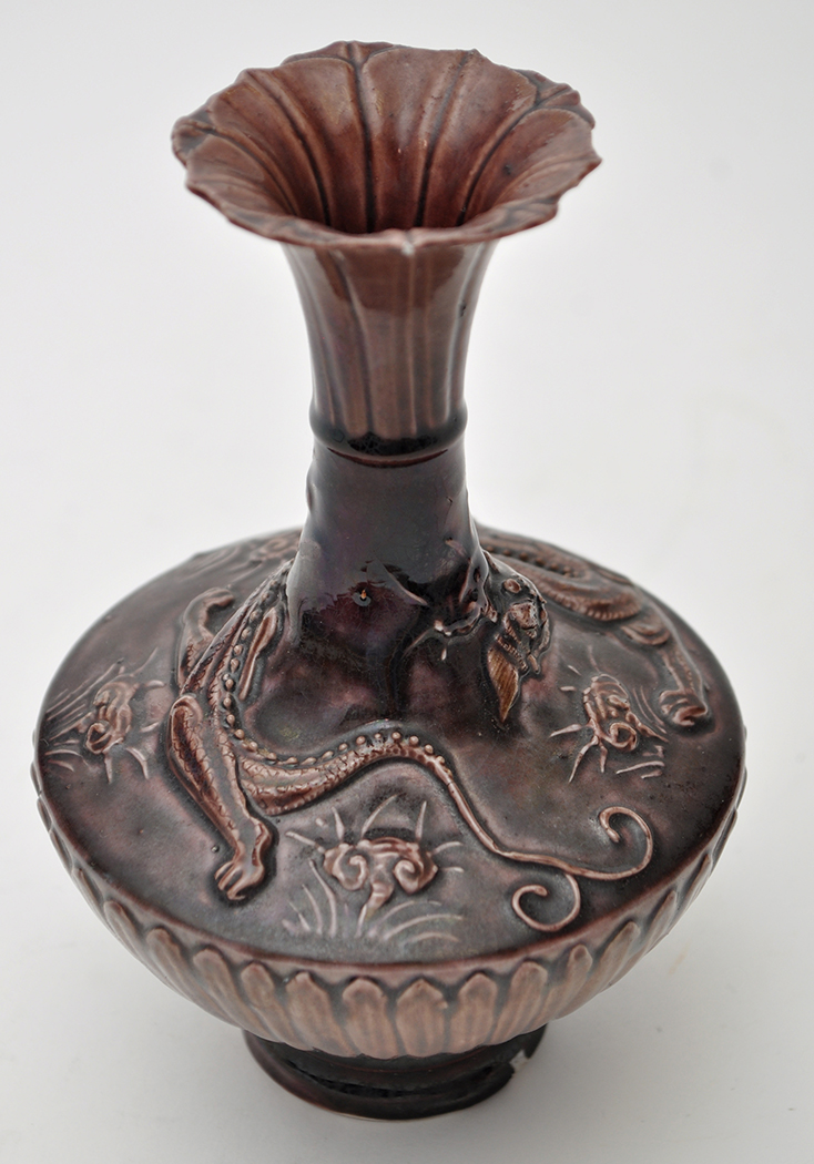 Aubergine glaze moulded ‘dragon’ vase, - Image 6 of 8