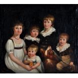 19th Century British School A family portrait of three boys and two girls with their dog,