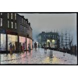 Barry Hilton (Contemporary) Dockside shops at evening, signed,