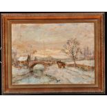 John Falconar Slater (1857-1937) A winter scene with a cart approaching a bridge and a cottage