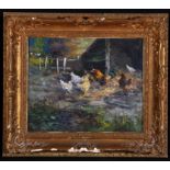 John Falconar Slater (1857-1937) Poultry near a farm shed, signed, oil on board 24.