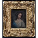 18th Century British School Portrait of a lady wearing a blue shawl, oil on board 15.