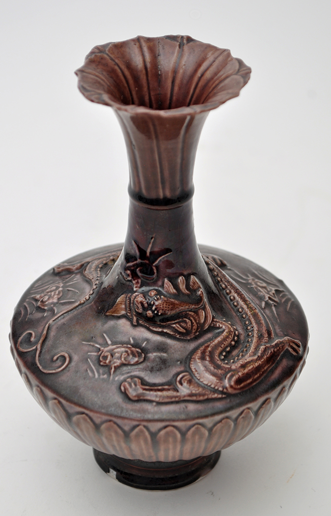 Aubergine glaze moulded ‘dragon’ vase, - Image 3 of 8