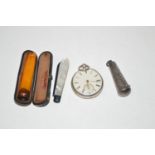 A silver cased open faced pocket watch; a cheroot holder in case; a silver cheroot holder case;