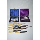Two sets of six tea knives with silver filled handles,